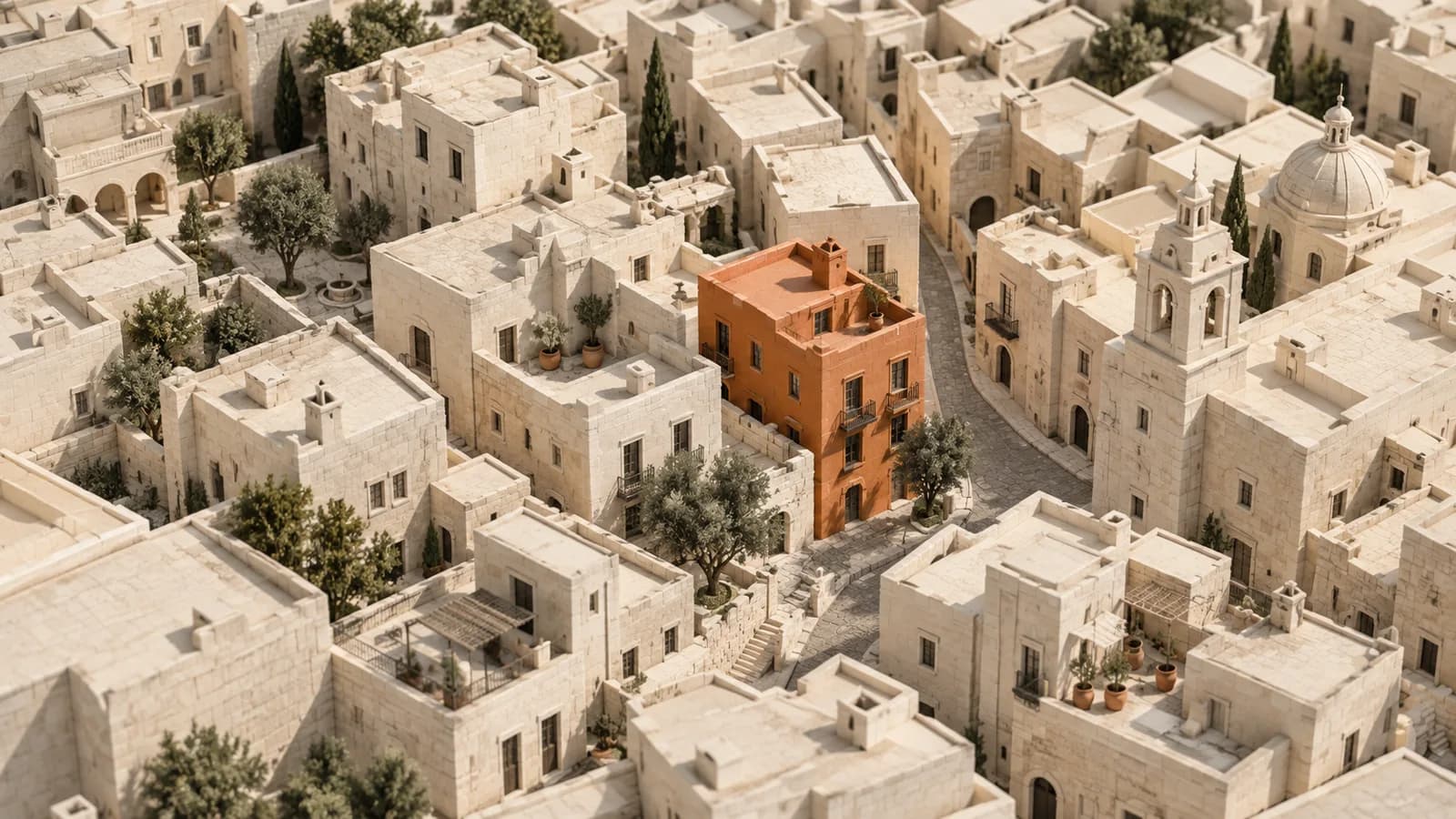 An orange building in an architectural city model, a conceptual illustration of business discovery.