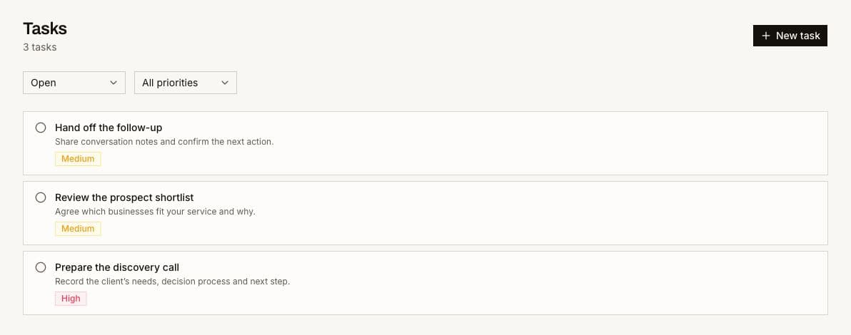 Example discovery preparation, prospect review and team follow-up tasks in Graduna.